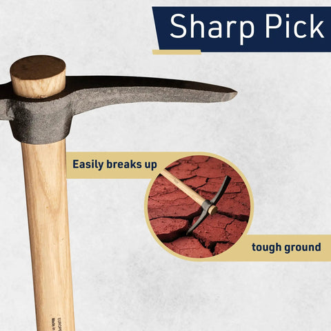 16 Inch Hand Pick Axe With Forged Steel Blade And Dual Headed Mattock Adze Garden Hoe For Digging Loosening Soil Weeding And Breaking Up Hard Ground The All Purpose Yard Work Tool With Durable Wood Handle showing detail on breaking tough ground.