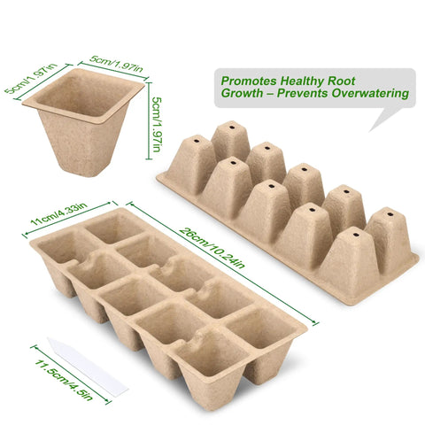 200 Cell Peat Pots Seed Starter Trays For Seedlings, 20 Pack Germination Trays With Labels, dimensions and features shown