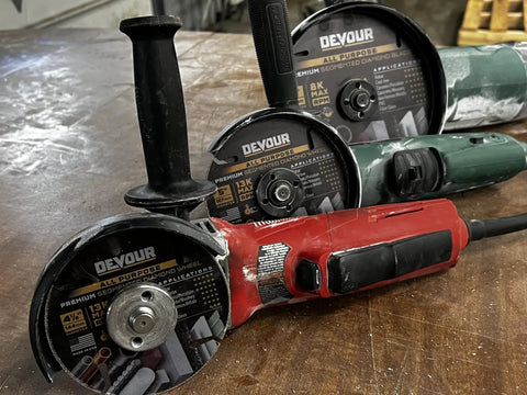 Close-up of three grinders with 4.5 Inch Diamond All Purpose Blade For Grinders And Small Saws Heavy Duty Ultra Durable blades.