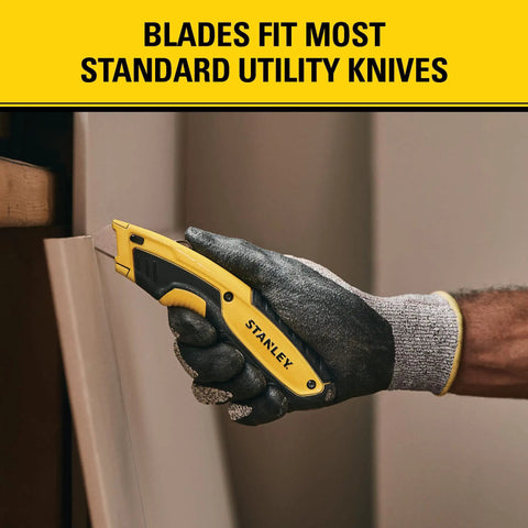 Person using utility knife with Heavy Duty Utility Knife Blades 50 Pack With Dispenser For Pros And DIYers Durable Replacement Blades
