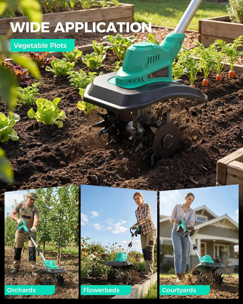 Cordless 21V Tiller Cultivator for Gardening, 350 RPM Electric Garden Tiller in action, 9-inch tilling width for soil cultivation