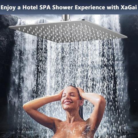 High Pressure Rain Shower Head 10 Inch With Handheld Combo Upgraded 12 Inch Adjustable Curved Shower Arm Built In Power Wash 4 Settings Height And Angle Adjustable For A Custom Shower Experience showing a woman enjoying a luxurious shower.