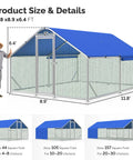 Top Notch Heavy Duty Chicken Coop Run With Thick Hardware Cloth For 20 Chickens, size 11.8x8.9x6.4 ft with blue waterproof cover.