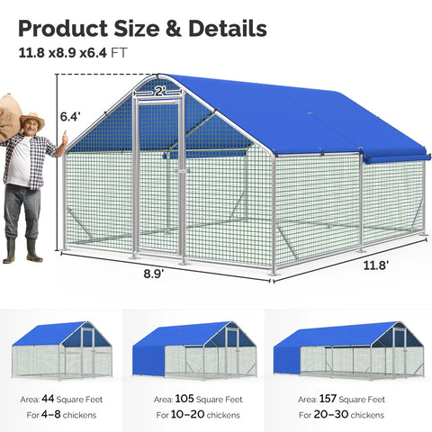 Top Notch Heavy Duty Chicken Coop Run With Thick Hardware Cloth For 20 Chickens, size 11.8x8.9x6.4 ft with blue waterproof cover.