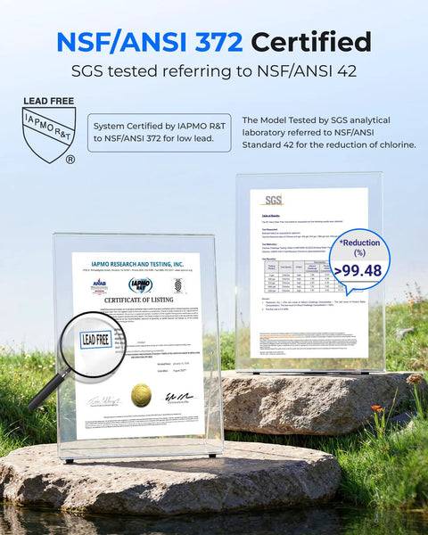 Certification documents for RV Inline Water Filter NSF Certified Reduces Chlorine Bad Taste And Odor With KDF And GAC Filtration 2 Pack.