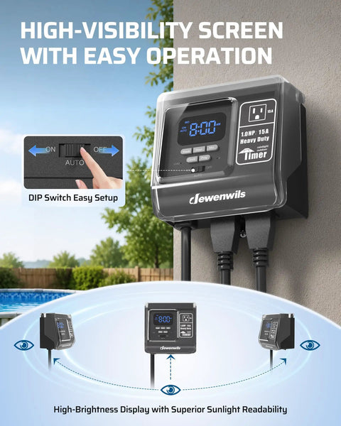 Heavy Duty Seven Day Programmable Outdoor Timer With Solid Locking Plug showing high-visibility screen and DIP switch features.