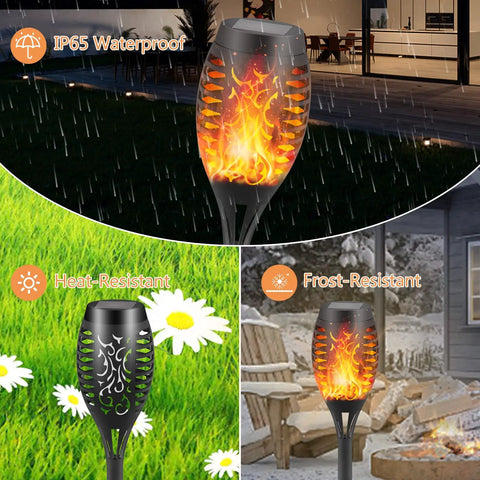 Solar Torch Lights With A Lit Flickering Flame Effect Outdoor Pathway Lights IP65 Waterproof For Garden Patio Yard Landscape Lanterns Auto On Off 10 Pack Easy Install Holiday Christmas Decor, showing waterproof, heat and frost resistance.