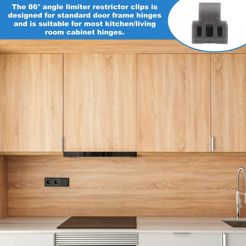 Wooden cabinets with 50 Piece 86 Degree Cabinet Hinge Restrictor Clips With Screwdriver, Hinge Stopper Limiter, image inset.