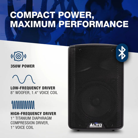 350W 8 Inch Powered PA Speaker With Bluetooth And 2 Channel Mixer for mobile DJs, compact speaker with specifications highlighted