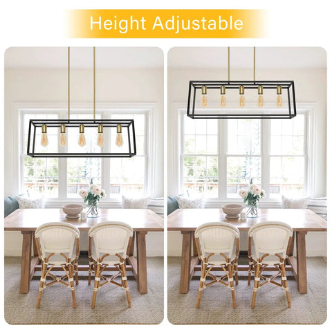 5 Light Modern Farmhouse Kitchen Island Chandelier with Black Brass Industrial Vibe above dining table, height adjustable