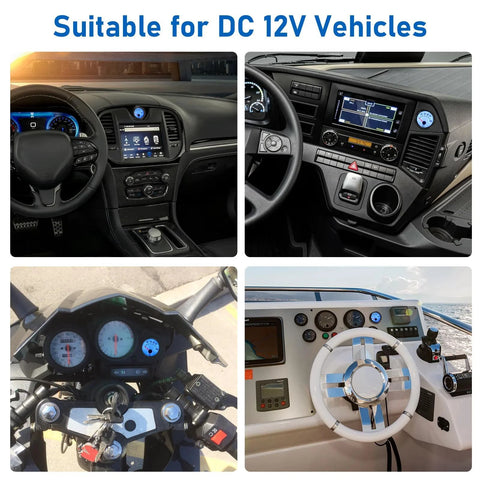 Collage of four vehicle dashboards: car front console, car center console, motorcycle instrument cluster, boat helm.