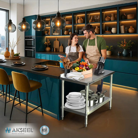 Two people in a kitchen with Pro Grade Heavy Duty Stainless Steel Prep Table 24 By 36 Inches With Undershelf And Backsplash NSF Certified.