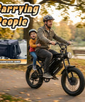 Man and child riding Dual Motor Electric Fat Tire Ebike for Adults with Removable Dual Battery and cargo rack mode