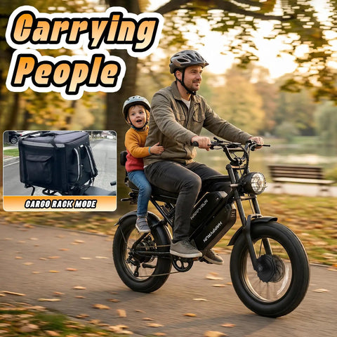 Man and child riding Dual Motor Electric Fat Tire Ebike for Adults with Removable Dual Battery and cargo rack mode