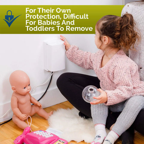Child sitting near Dual Lock Outlet Cover Box For Baby Proofing 2 Pack Easy 3 Step Install With Screws Extra Inside Space For Plugs Patented Safety Design Kid Safe Toddler Proofing White For Peace Of Mind In Every Room And Long Lasting Durable Construction No Sweat installed on wall