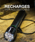 Vision HD Rechargeable LED Flashlight With Digital Focus, Water Resistant Emergency Light, USB charging on wooden surface