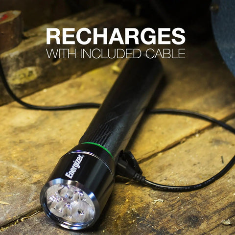 Vision HD Rechargeable LED Flashlight With Digital Focus, Water Resistant Emergency Light, USB charging on wooden surface