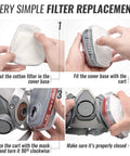 Step-by-step guide showing installation of 8-Pack Replacement Carbon Filters For Respirator Masks, snap-on design for easy use.