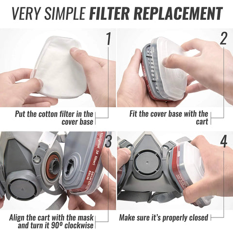 Step-by-step guide showing installation of 8-Pack Replacement Carbon Filters For Respirator Masks, snap-on design for easy use.