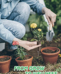 Person planting flowers in pots outdoors with a trowel, focus on hands and tools.