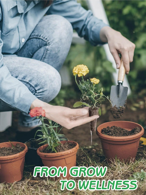 Person planting flowers in pots outdoors with a trowel, focus on hands and tools.