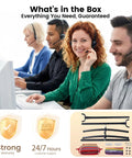 Customer service team with headsets, warranty badges, and parts of Double Hammock With Heavy Duty Steel Stand Portable Easy Assembly 600Lb Weight Capacity Adjustable Hooks Cotton Comfort Durable Frame Carrying Bag Included Ideal For Indoor Yard Camping And Outdoor Rainbow.