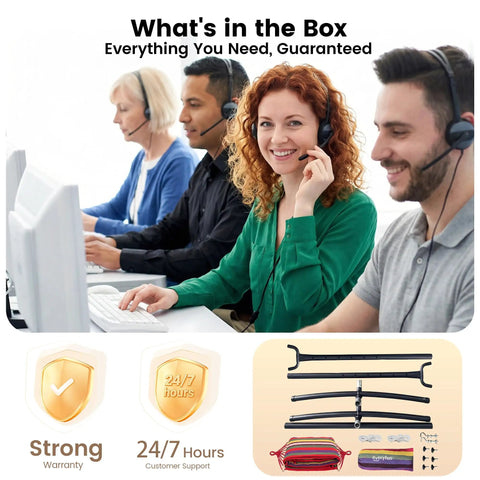 Customer service team with headsets, warranty badges, and parts of Double Hammock With Heavy Duty Steel Stand Portable Easy Assembly 600Lb Weight Capacity Adjustable Hooks Cotton Comfort Durable Frame Carrying Bag Included Ideal For Indoor Yard Camping And Outdoor Rainbow.