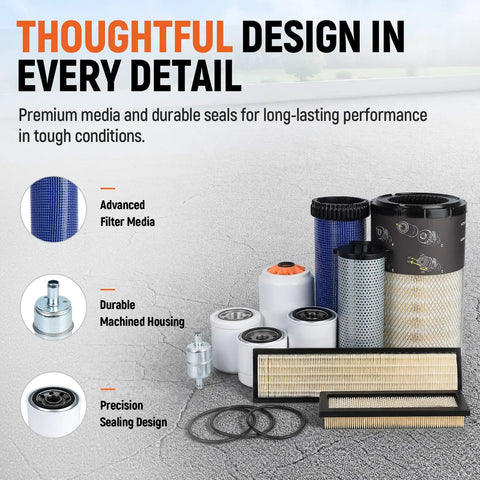 Essential 10 In 1 Maintenance Filter Kit For Bobcat Skid Steer Loaders featuring various engine oil and cabin air filters and O rings.