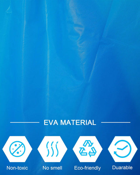 Close-up of blue EVA material showcasing non-toxic, no smell, eco-friendly, durable features of 14 Pack Reusable EVA Rain Ponchos for Adults with Drawstring Hoods Waterproof Rain Gear for Women and Men in Seven Colors Emergency Travel Poncho Set Lightweight Durable Rain Protection You Can Share.