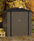 Sturdy Metal Outdoor Storage Shed 6 By 4 Ft With Lockable Door Waterproof Garden Tool Storage House For Backyard Pad Patio And Lawn Brown Heavy Duty Steel Construction For Long Lasting Weather Resistance And Extra Security, shown in autumn garden.