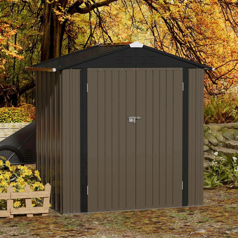 Sturdy Metal Outdoor Storage Shed 6 By 4 Ft With Lockable Door Waterproof Garden Tool Storage House For Backyard Pad Patio And Lawn Brown Heavy Duty Steel Construction For Long Lasting Weather Resistance And Extra Security, shown in autumn garden.