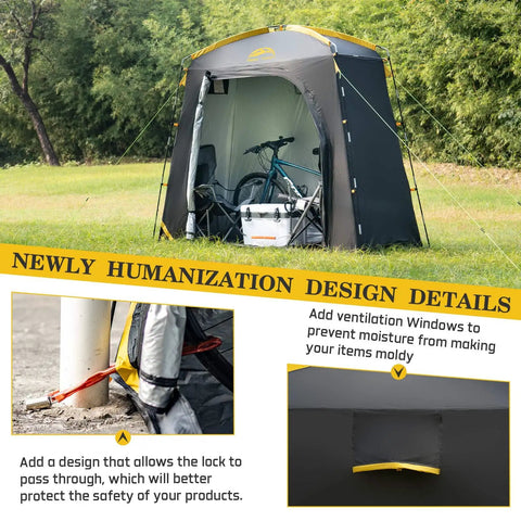Travel Bike Storage Shed Tent with bike inside, showing lockable design and ventilation windows, durable outdoor construction.