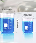 Go To Beaker Set With Five Sizes 10ml 25ml 50ml 100ml And 250ml Borosilicate Glass Lab Beakers Low Form Built For Real World Science Class Home Kitchen And Garden Use, showing 250ml and 100ml beakers with blue liquid