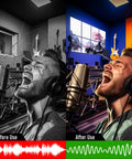 Badass Sound Absorbing Wall Panels High Density Acoustic Foam Tiles Pro Grade Noise Dampening Decor For Home Studios before and after use in a music studio.