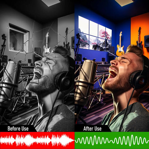 Badass Sound Absorbing Wall Panels High Density Acoustic Foam Tiles Pro Grade Noise Dampening Decor For Home Studios before and after use in a music studio.