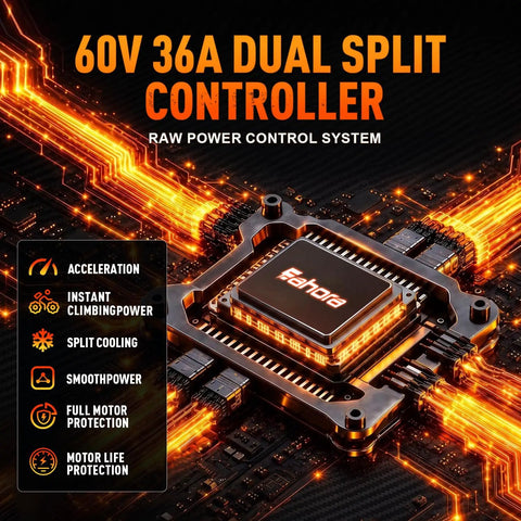 60V 36A dual split controller, power control system for Real Deal Dual Motor Electric Bike 6000W 52 MPH Heavy Duty Adult Ebike.