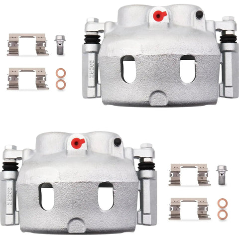 Two Pack Front Disc Brake Caliper Assembly With Bracket For Chevy Avalanche Silverado 1500 Suburban Tahoe Express GMC Sierra 1500 Yukon XL Cadillac Escalade ESV EXT shown with hardware accessories