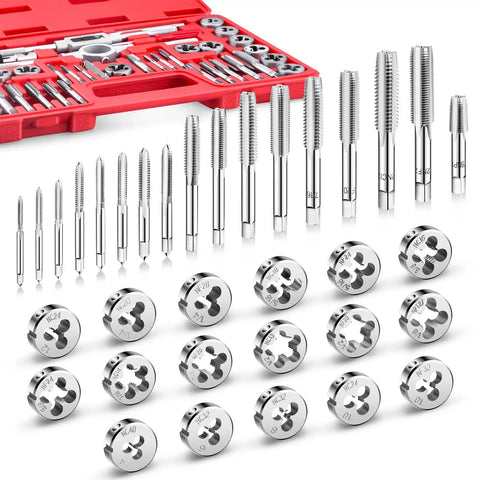 40 Piece Premium Tap And Die Set For Metalworking Do-It-All Kit With SAE Unified Threads From Number Four To One Half Inch Including UNC Coarse, UNF Fine And NPT, Complete With Handles And Essentials For Creating And Repairing Threads