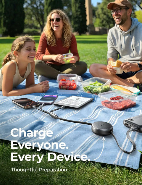 3 In 1 Retractable Car Charger Cable With USB C, Lightning And Micro USB Ports beside a picnic on grass