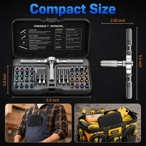 Magnetic 40 In 1 Screwdriver Set With Ratchet And T Handle in compact case showing S2 steel bits for various repairs.
