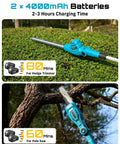 All-In-One Cordless Pole Saw And Hedge Trimmer Kit showing trimming and pruning with batteries, 60 min runtime each