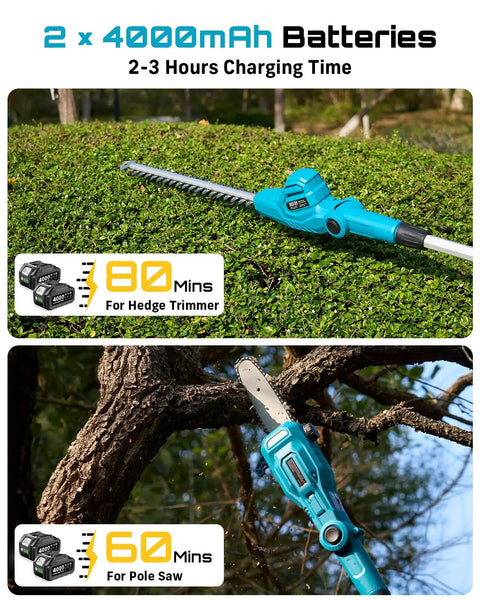 All-In-One Cordless Pole Saw And Hedge Trimmer Kit showing trimming and pruning with batteries, 60 min runtime each