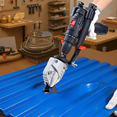 Sheet Metal Cutter Drill Attachment With 360 Degree Pivoting Head Sharp Blades Cuts 18 GA Galvanized Steel in workshop