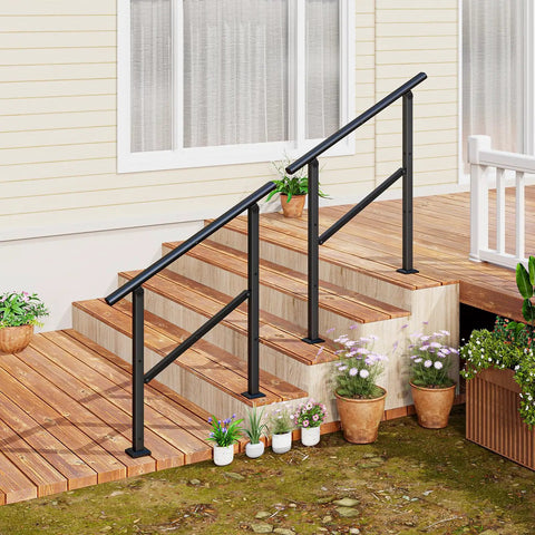Heavy Duty Outdoor Hand Rail For 2 To 3 Steps Black Iron Style Stair Railing For Concrete Brick Wood Stairs Rock Solid Hold
