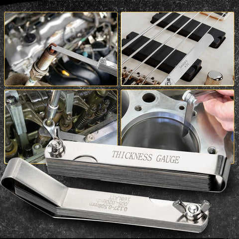 Front view of Gnellkoor stainless steel feeler gauge set, 2-piece straight and angled blades with inch/metric scales.
