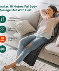 Woman relaxing on full body massage pad for bed with 10 vibration motors and 5 massage modes, heated mattress pad for back and body.