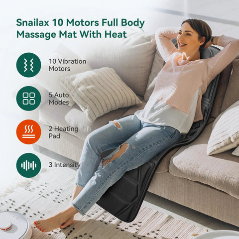 Woman relaxing on full body massage pad for bed with 10 vibration motors and 5 massage modes, heated mattress pad for back and body.