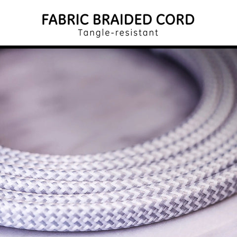 Gray and white fabric braided cord for 6 Foot Braided Extension Cord With 3 Outlets And 2 Prong Outlets Flat Plug Tangle Free Cable Perfect