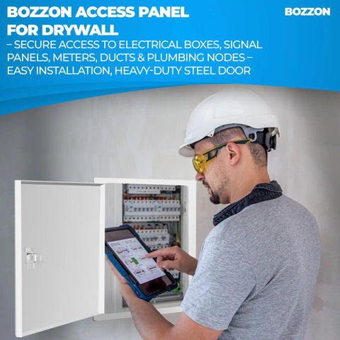Heavy Duty Metal Access Panel for Drywall 12 x 12 Inches with a Slick Screwdriver Release Latch and Tough Steel Frame in use showing access to electrical boxes.