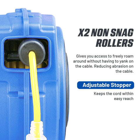 Close-up of the 40 Ft Extension Cord Reel With 14 AWG 3 Conductor SJTOW Heavy Duty Power Cable showing non-snag rollers.